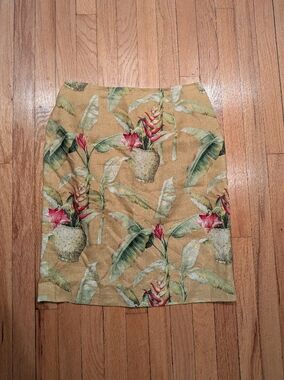 Tropical Floral Linen Skirt in Mustard Green with Grecian, Fern,
